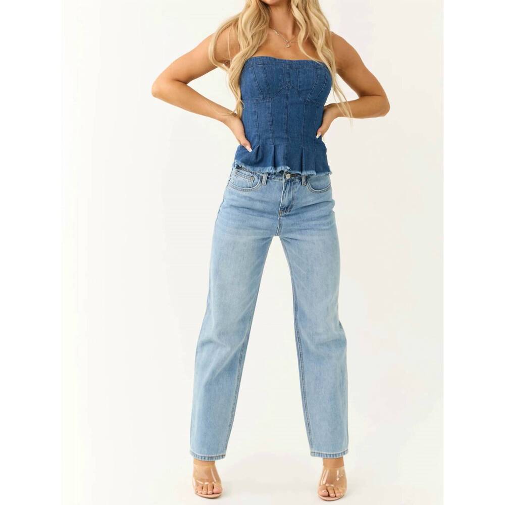 NEW CEROS cutout waistband detail straight leg jeans in light blue - Picture 5 of 5